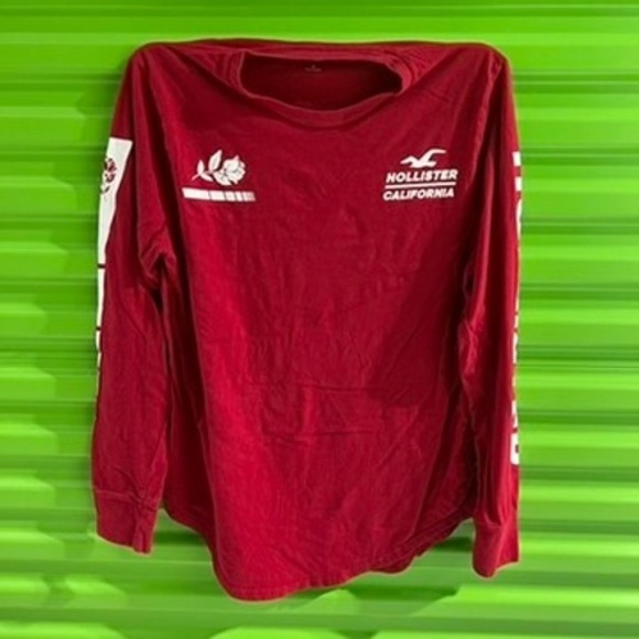 Hollister California Mens Red Long Sleeve Graphic T-Shirt Rose Logo Size M - Picture 2 of 9